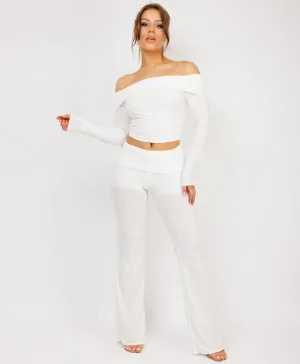 White Flare Trousers And Off Shoulder Top Fold Detail Set