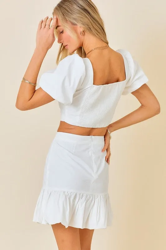 White Ruffle Puff Sleeve Crop Top Mini Skirt Set