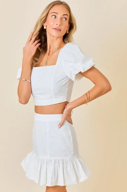 White Ruffle Puff Sleeve Crop Top Mini Skirt Set