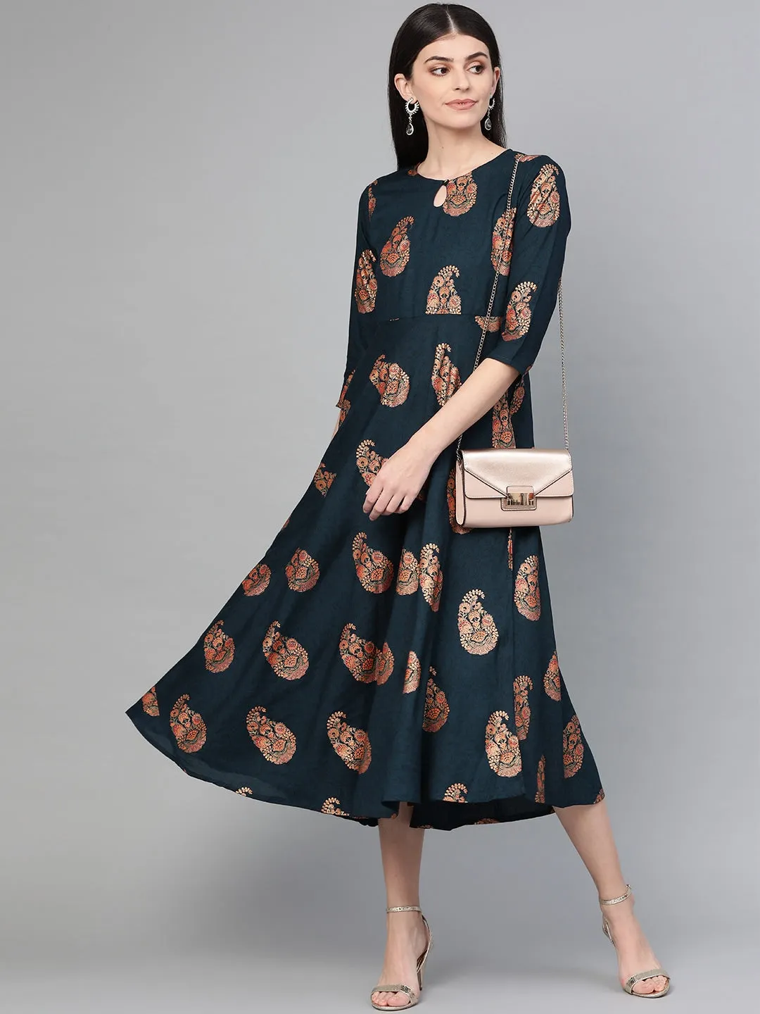 Women Navy Blue & Orange A-Line Dress