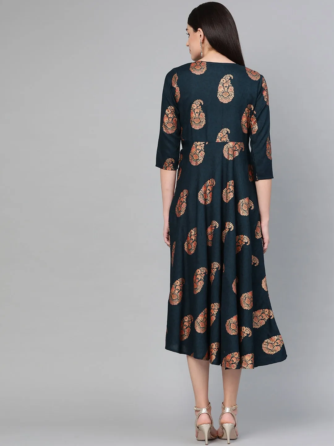 Women Navy Blue & Orange A-Line Dress