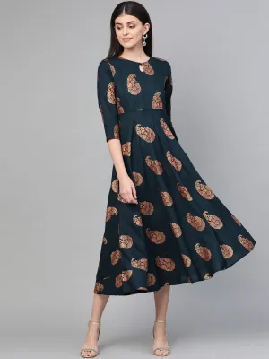 Women Navy Blue & Orange A-Line Dress