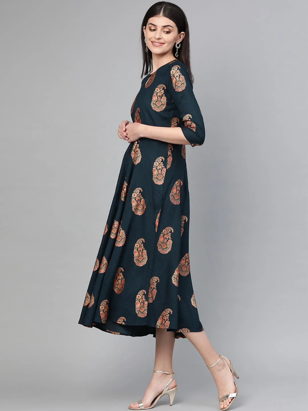 Women Navy Blue & Orange A-Line Dress
