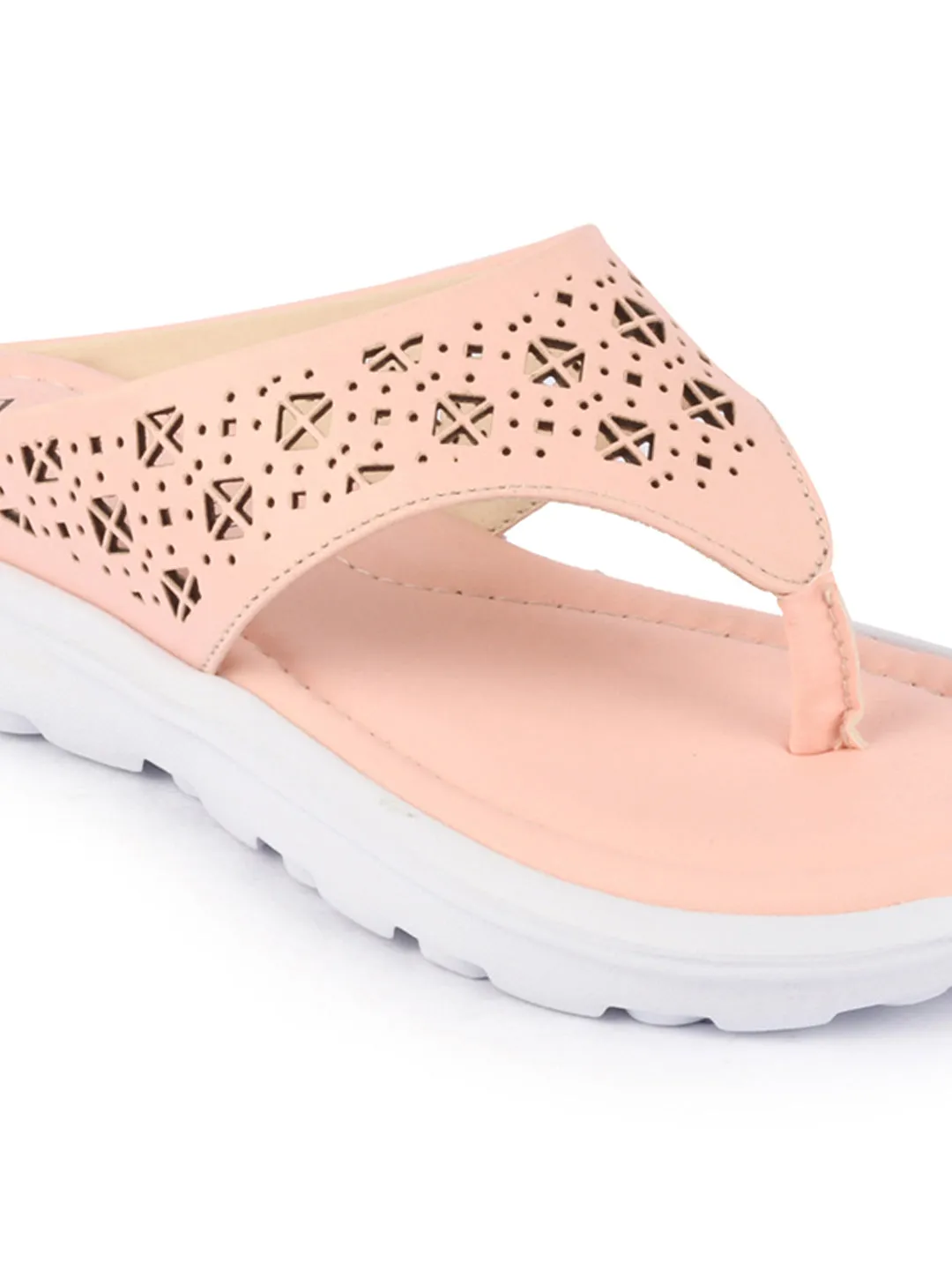 Women Pink Party Fashion Stylish Laser Cut Design Strap Thong Flats Wedges Slipper