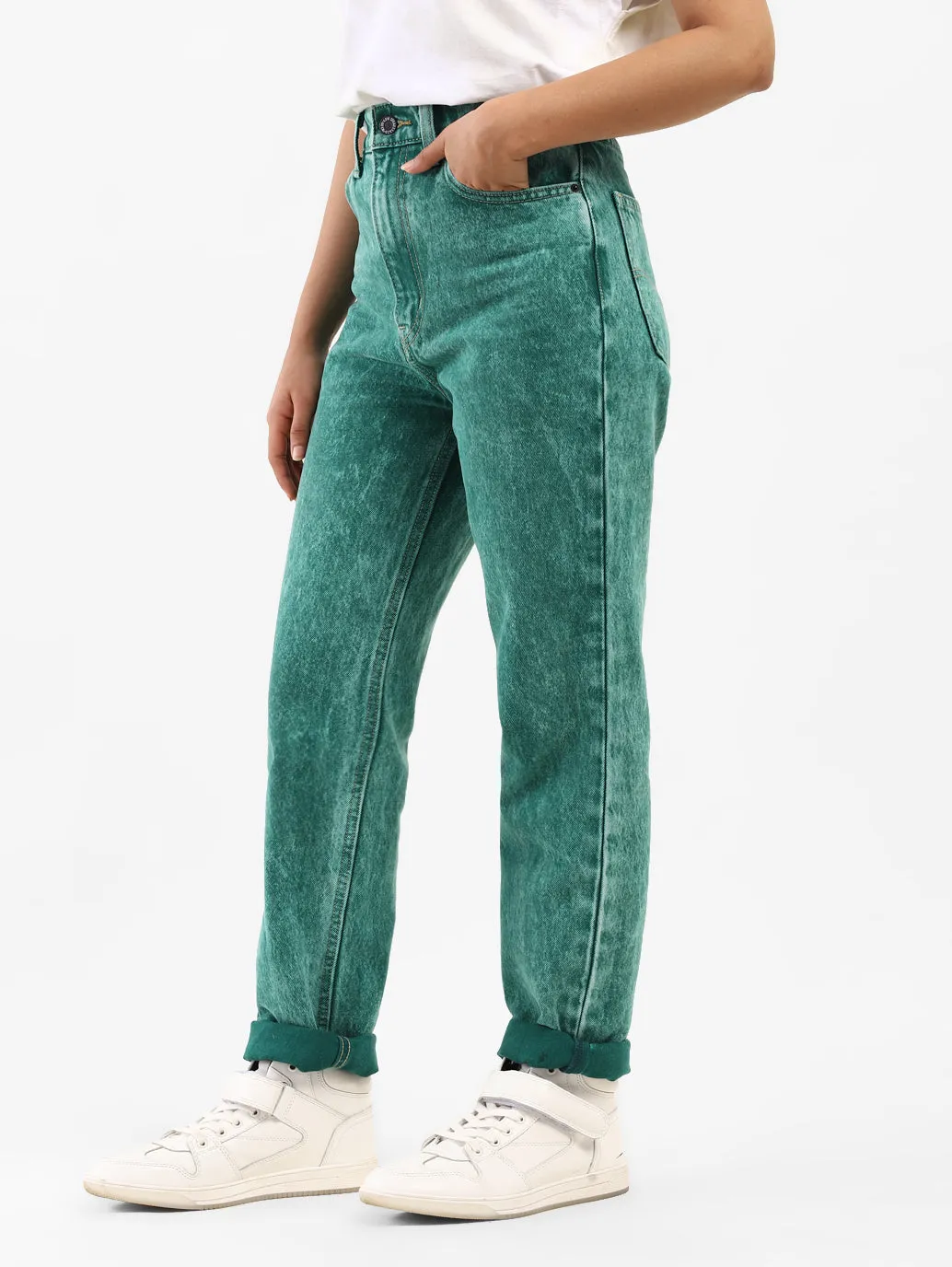 Women's 70s Green Straight Fit High Rise Jeans