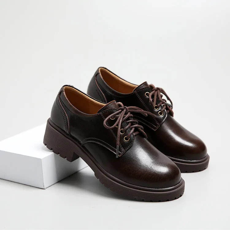 Women's Leather Classic Shoe Vintage Lace Up Oxford Low Block Heel