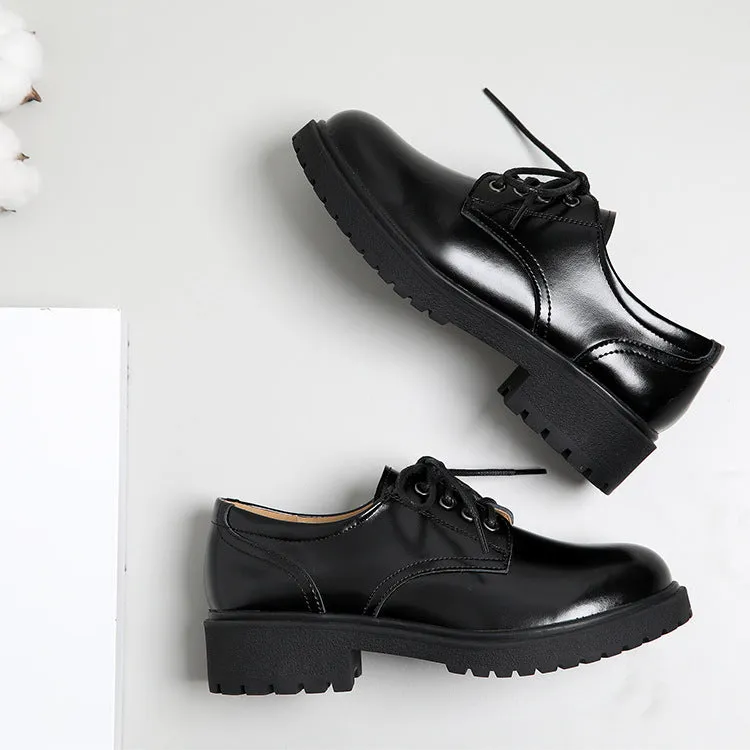 Women's Leather Classic Shoe Vintage Lace Up Oxford Low Block Heel