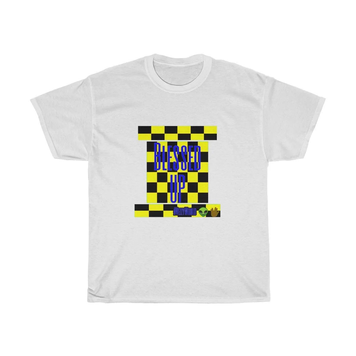Yellow Checkered w/Blue " Bless Up" Unisex Heavy Cotton Tee 