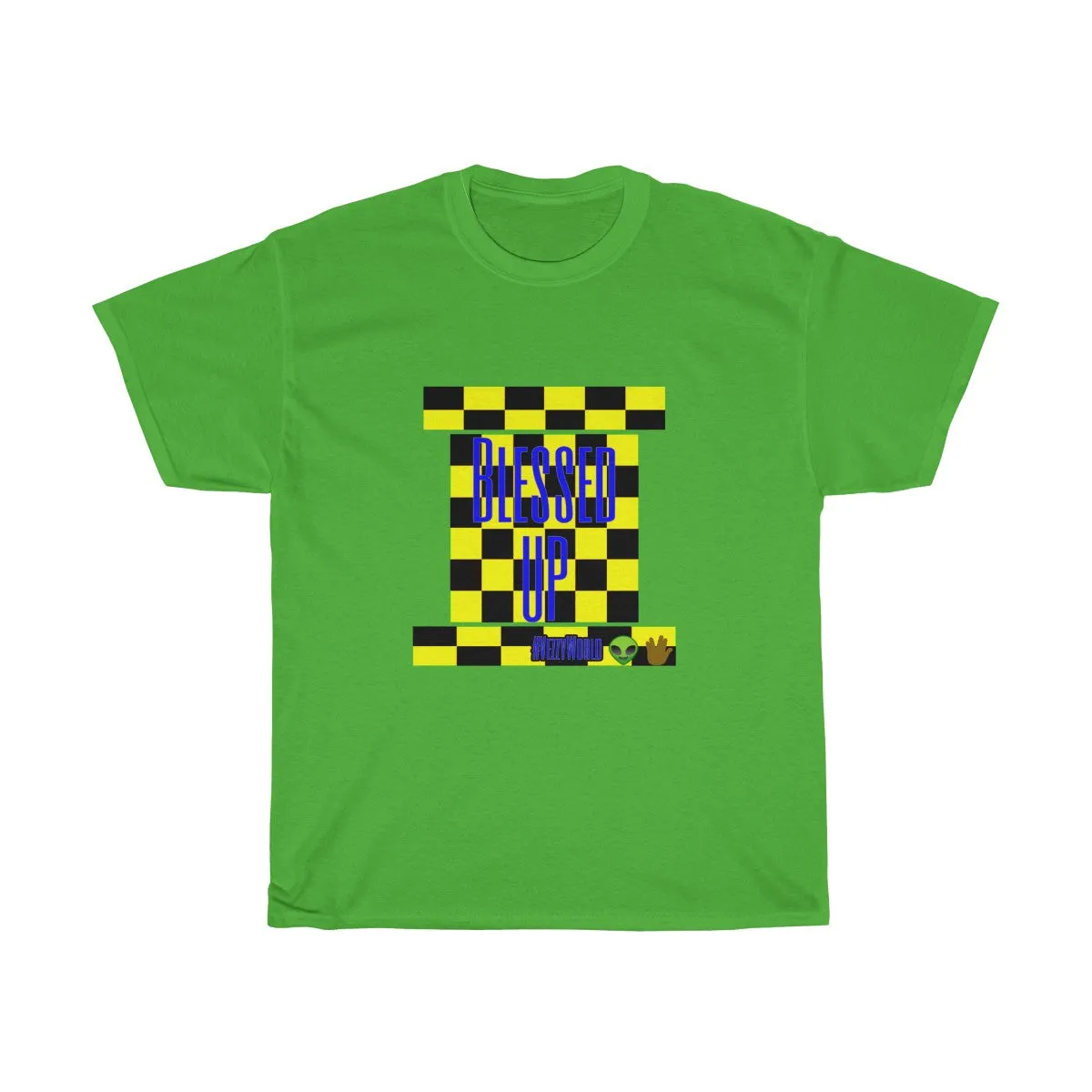 Yellow Checkered w/Blue " Bless Up" Unisex Heavy Cotton Tee 