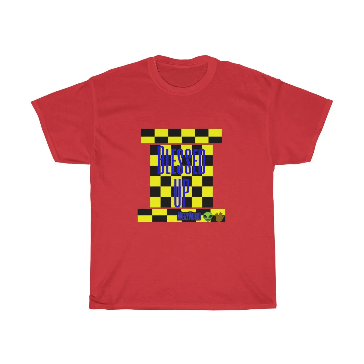 Yellow Checkered w/Blue " Bless Up" Unisex Heavy Cotton Tee 