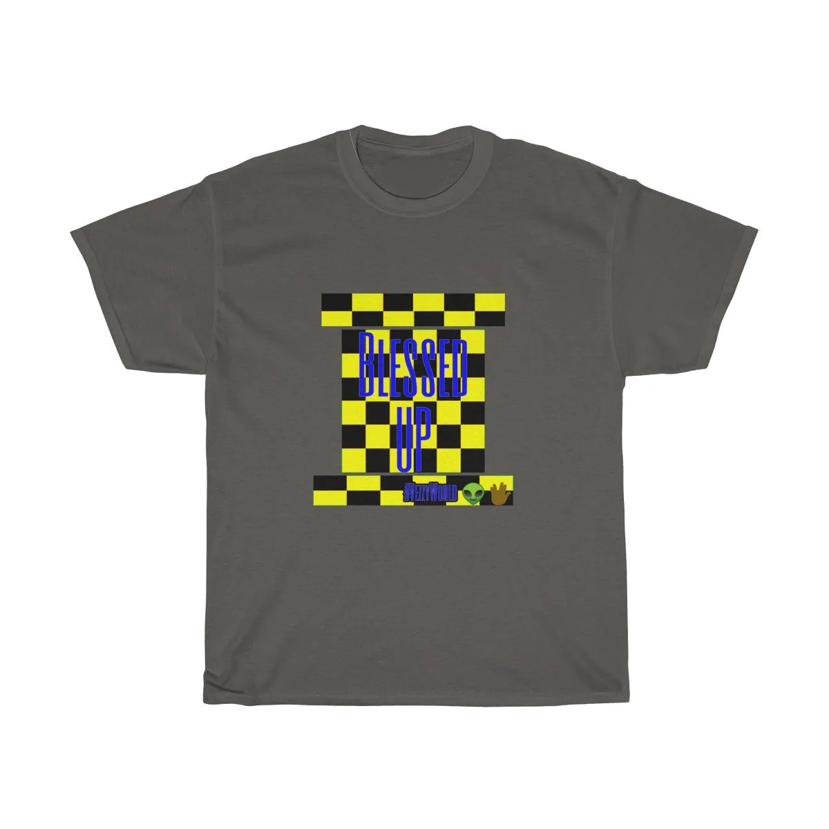 Yellow Checkered w/Blue " Bless Up" Unisex Heavy Cotton Tee 