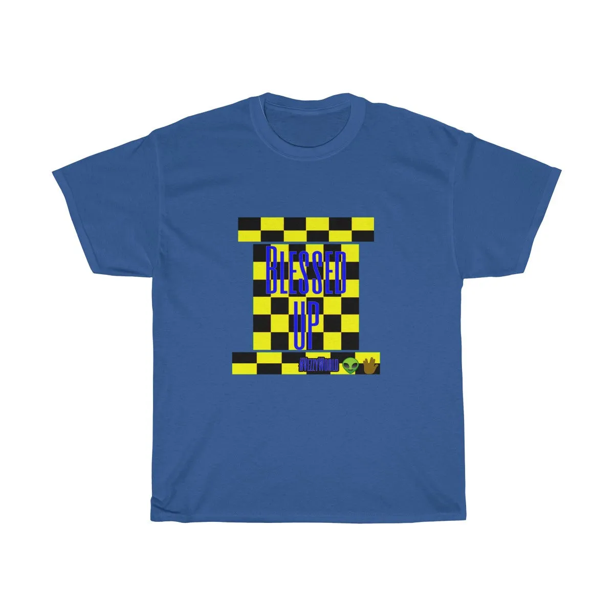 Yellow Checkered w/Blue " Bless Up" Unisex Heavy Cotton Tee 