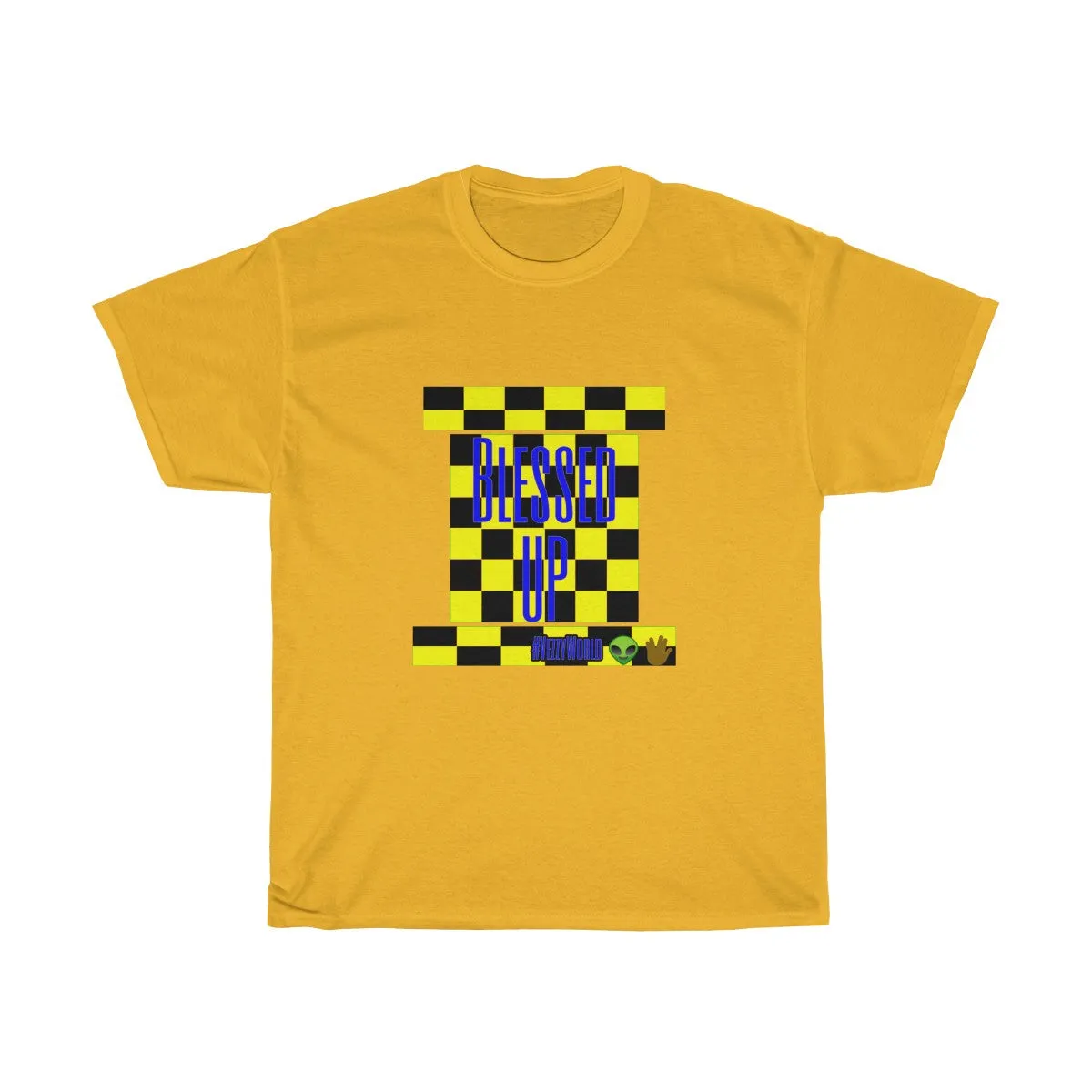 Yellow Checkered w/Blue " Bless Up" Unisex Heavy Cotton Tee 
